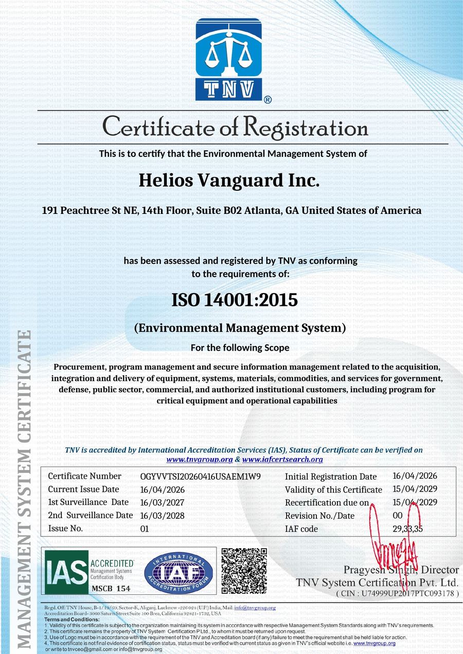 ISO 14001:2015 Certificate of Registration — Helios Vanguard Inc.