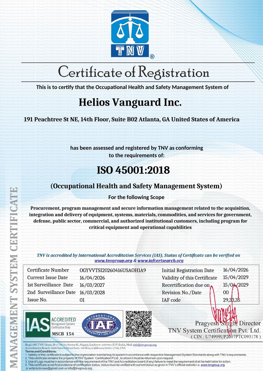 ISO 45001:2018 Certificate of Registration — Helios Vanguard Inc.